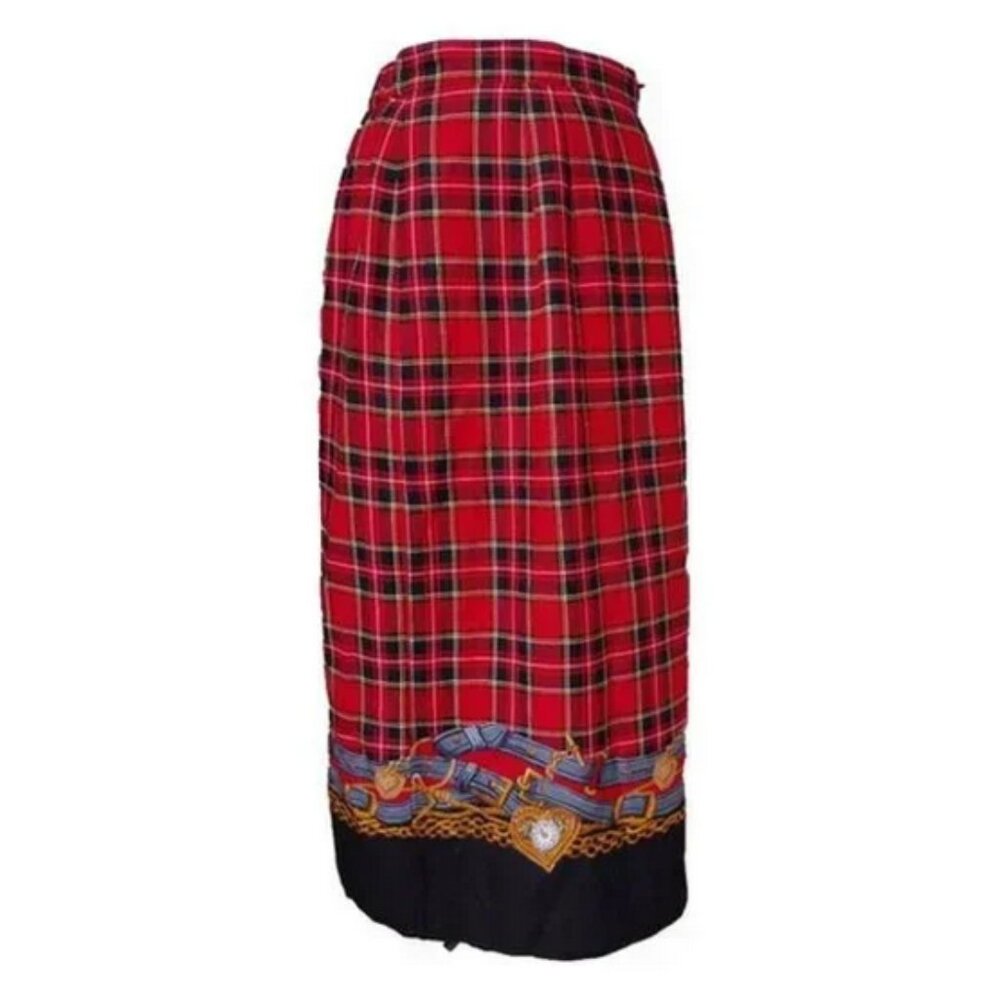 Vintage 80s Midi Skirt Red Tartan Plaid High Waist KORET Chain Print Preppy Midi